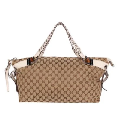 Bolso Cartera Gucci GG Bambú Lona Cuero Marrón Blanco Foto 1 de 4