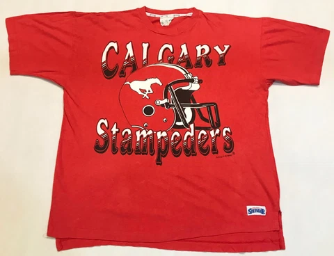 Vintage Softwear 1990 CFL Calgary Stampeders Football T-Shirt Red M Tee Canada Cover