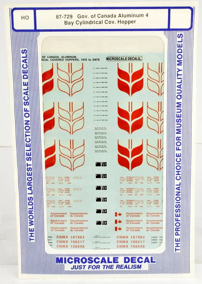 MICROSCALE HO SCALE 87-729 GOV. OF CANADA  4 BAY CYLINDRICAL HOPPER DECAL - Image 1 of 1