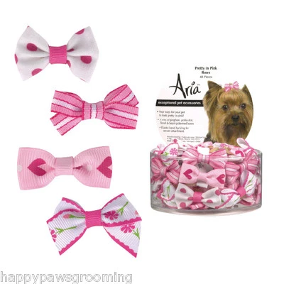48pc Aria DOG Grooming Pretty in Pink RIBBON BOW w/Band Stripe,Floral,Heart,Dots - Image 1 of 4