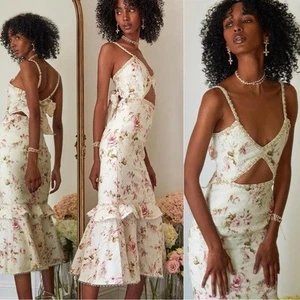 V. Chapman Luna creme rosa Blumen Tie Back formelles Midikleid in englischer Rose 6 - Bild 1 von 13