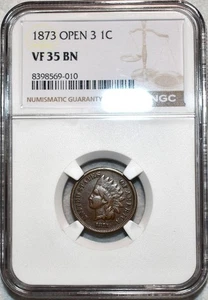 NGC VF-35 BN 1873 Open 3 Indian Head Cent, Attractive, Chocolate-Brown specimen. - Picture 1 of 2