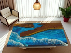 Blue Wave Epoxy Resin Center Dining Table Natural Wooden Live Edge Decor - Picture 1 of 9