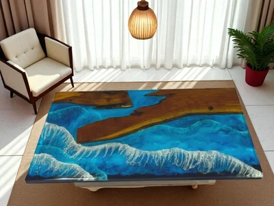 Blue Wave Epoxy Resin Center Dining Table Natural Wooden Live Edge Decor - Image 1 of 4