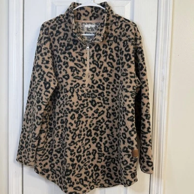 Maurices Leopard Sherpa Pullover Women's L Quarter Zip Fuzzy Jacket Tan Black - Image 1 of 4