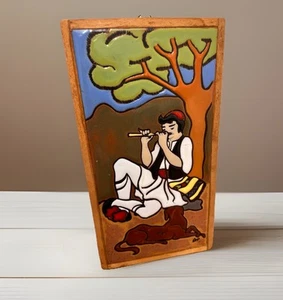 Ceramic Art Tile Angelo Tsakirakis Man Playing Flute Dog 4x8 Signed Vintage - Picture 1 of 10