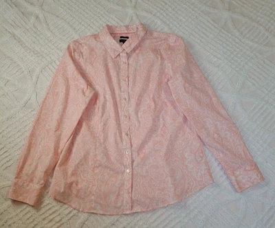Camisa Talbots Feminina Tamanho 12 Algodão Sem Ferro Rosa Paisley Manga Longa Botões - Imagem 1 de 4