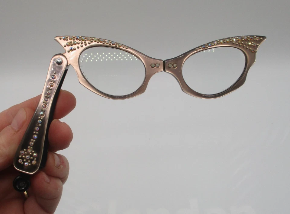VINTAGE LORGNETTE CAT EYE LUCITE RHINESTONE FOLDING OPERA READING GLASSES - Image 1 of 4