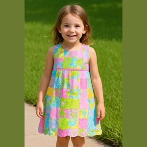 Lilly Pulitzer Girls Dress Sz 7 Rainbow Patch Shift Dress Scalloped White Label - Picture 1 of 7