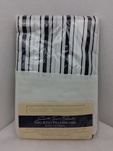 Classic Traditions Smooth Touch Percale King Pillowcases Black White Stripe New - Picture 1 of 5