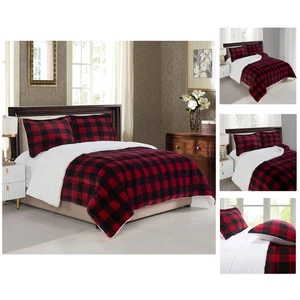 Soft and Plush Reversible Sherpa Comforter Set - Full, Buffalo Black/Burgundy - Picture 1 of 12