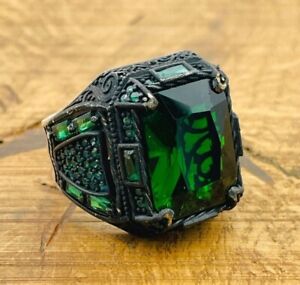 Men Silver Ring, Green Emerald Gemstone Ring, 925K Mens Jewelry, All Sizes