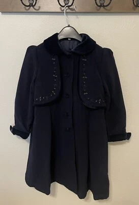 Abrigo Vintage Niñas Azul Marino Hecho en Italia Lana Terciopelo Borde Decorativo Foto 1 de 4