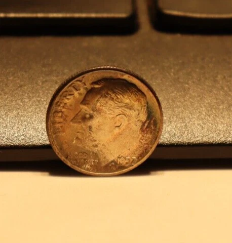 1957 US Roosevelt SIlver Dime 10C Amazing Toning Cover