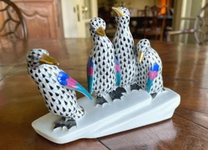 HEREND Penguins on Ice Black Fishnet PenguinsFigurine ($810 if new) - Picture 1 of 5