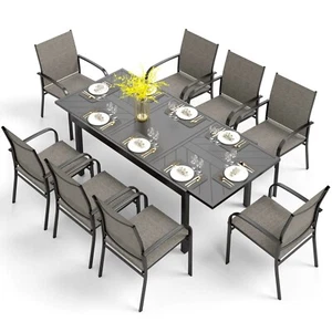 9 Piece Patio Dining Set Expandable Table for 6-8 Person Outdoor Chairs Brown - Picture 1 of 10