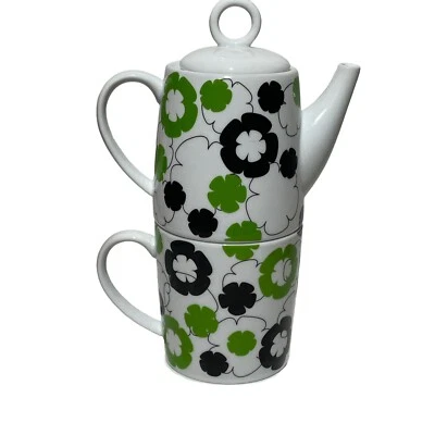 STIR Personal Teapot And Cup Set Bold Flower Power Gift Navy Blue Green - Image 1 of 4