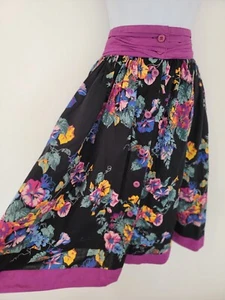 Vintage Skirt Midi Black Purple Florals ESCADA Cotton Retro Smart Size 10 Design - Picture 1 of 13