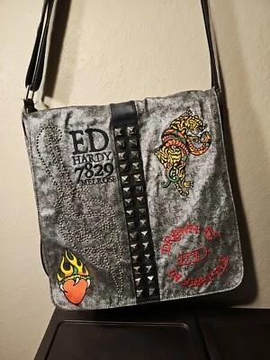 Ed Hardy Christian Audigier Silver Mouche Black Graphic Messenger Handbag - Image 1 of 4