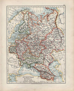 1909 VICTORIAN MAP ~ EUROPEAN RUSSIA ~ FINLAND POLAND CAUCASUS