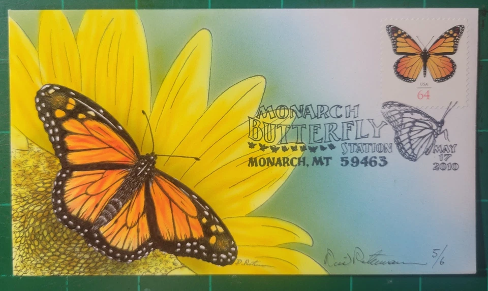 Mariposa monarca pintada a mano Peterman en flor del sol, MonarcaSc. #4462 primer día Foto 1 de 1