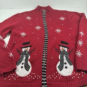 Mandal Bay Snowman Cardigan Christmas Sweater Mock Neck Zip Front Beaded Size L - Picture 1 of 15