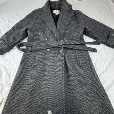 RAF Roughwear Coat Womens 8-10 Gray Herringbone Wool Belted Maxi Double Breasted - Image 1 of 4