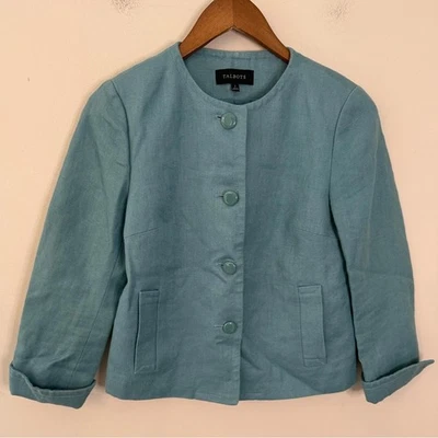 Talbots linen jacket eal green collarless pockets lined SZ 2 - Image 1 of 4