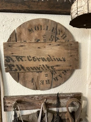 Early Stenciled And Hand Lettered Wood Barrel Lid  - Image 1 of 4