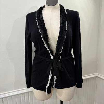 Peck & Peck Collection Size XL Cardigan Sweater Wool Cashmere Black Ruffle Lace  - Image 1 of 4