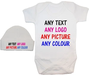 Personalisierte eigene Formulierung Baby Body Strampler Weste & Mütze Kappe NB-12m Junge Mädchen - Bild 1 von 16