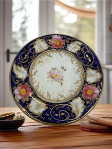 Antique Hand Painted Porcelain Plate - Cobalt Blue W Floral & Gilt Accents - Picture 1 of 8
