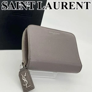Saint Laurent Bifold Wallet Cassandra Ysl Logo Round Zip Gray Genuine Leather - Picture 1 of 15