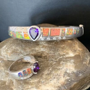 Brazalete Navajo Nativo Plata Esterlina Ópalo Amatista 7" y Anillo Talla 6 13120 - Imagen 1 de 12