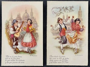 ESPAÑA LOTE DE 2 POSTALES FIRMADAS POR ARTISTA FRIEX ~ JOVEN PAREJA BAILANDO Y CANTANDO - Imagen 1 de 4