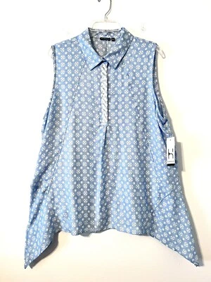 Camisa Hannah Mujer XL Azul Claro Estampado Sin Mangas 1/4 Botón Delantero Nueva Con Etiquetas Nueva Foto 1 de 4