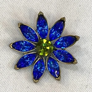 Chicos Rhinestone Flower Pin Brooch Blue Green Bronze tone Boho sparkle Daisy - Picture 1 of 3