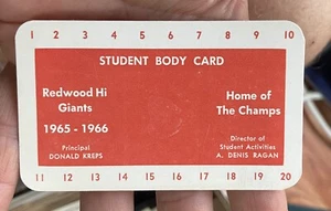 1965-1966 Larkspur, California REDWOOD HIGH SCHOOL Giants Sports Student’s CARD - Picture 1 of 2