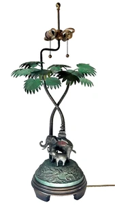 Frederick Cooper Chicago Figural Heavy Bronze 3 Light Lamp Elephants Monkey Palm - Picture 1 of 21