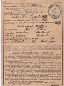 Quittungskarte germany Wurttemberg 1896 - Picture 1 of 2