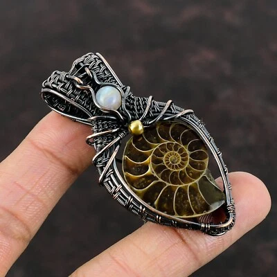 Colgante envuelto en alambre fósil de amonita hecho a mano cobre regalo 2,64" Foto 1 de 4