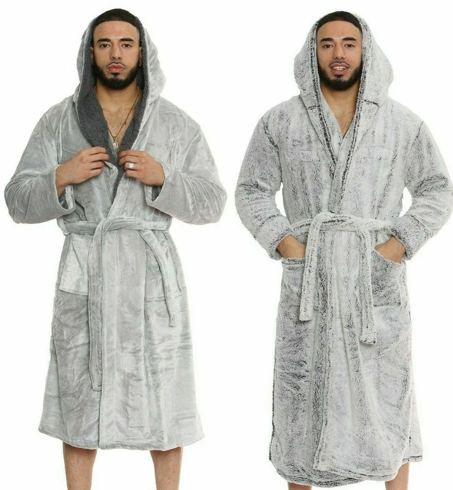 Mens Gents Dressing Gown Heavy Snuggle Fleece Hooded Lounge Robe Extra Warm