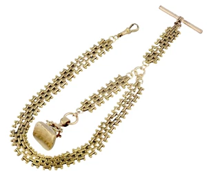 Large Antique Gold 3 Bar Watch Chain & Seal Fob Set = Thomas Hopwood - Picture 1 of 9