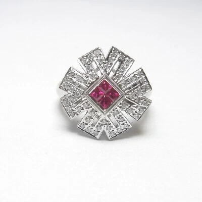 Estate 18K White Gold Natural Fuchsia Pink Ruby Diamond Cluster Ring 0.35 Cts - Image 1 of 4