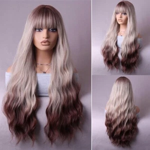 Gloden Long Curly Wig Gradient Full Wave Hair Wigs Highlight Brown Wigs w Bangs - Picture 1 of 13