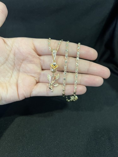 Ciondolo oro giallo placcato zirconi donna ragazza piccolo fiore rosa e catenina Valentino