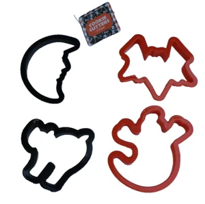 Set Of 4~Halloween 4" Cookie Cutters Bat Cat Moon Ghost Orange Black Plastic - Picture 1 of 4