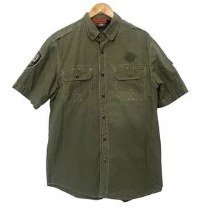 Harley Davidson Men’s Size M Khaki Green Embroidered Button Up Shirt Authentic - Picture 1 of 18