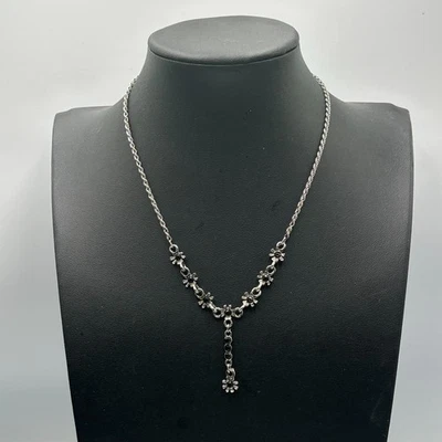 Collar Flor Tono Plata Negro Estrás Y Gota Delicada Cadena Y2K 18" Foto 1 de 4