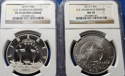 2015 US MARSHALS SERVICE Silver Dollar Set NGC PF70 & MS70. BROWN LBL - Image 1 of 2